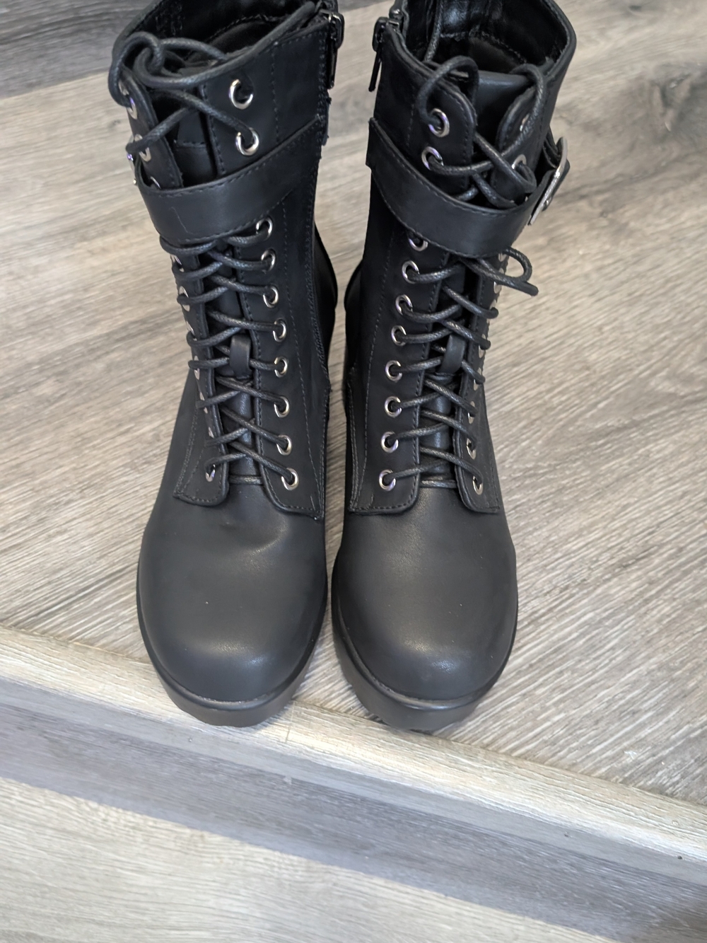 Fashion Nova Black Lace-Up Moto Combat Boots with Buckle Strap